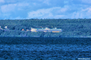 Grand Hotel on Mackinac Island seen from Cedar Creek Campground on the mainland.
Click for larger picture.
