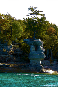 Chapel Rock with tree. Root was originally on rock ledge, but ledge fell.
Click for larger picture.